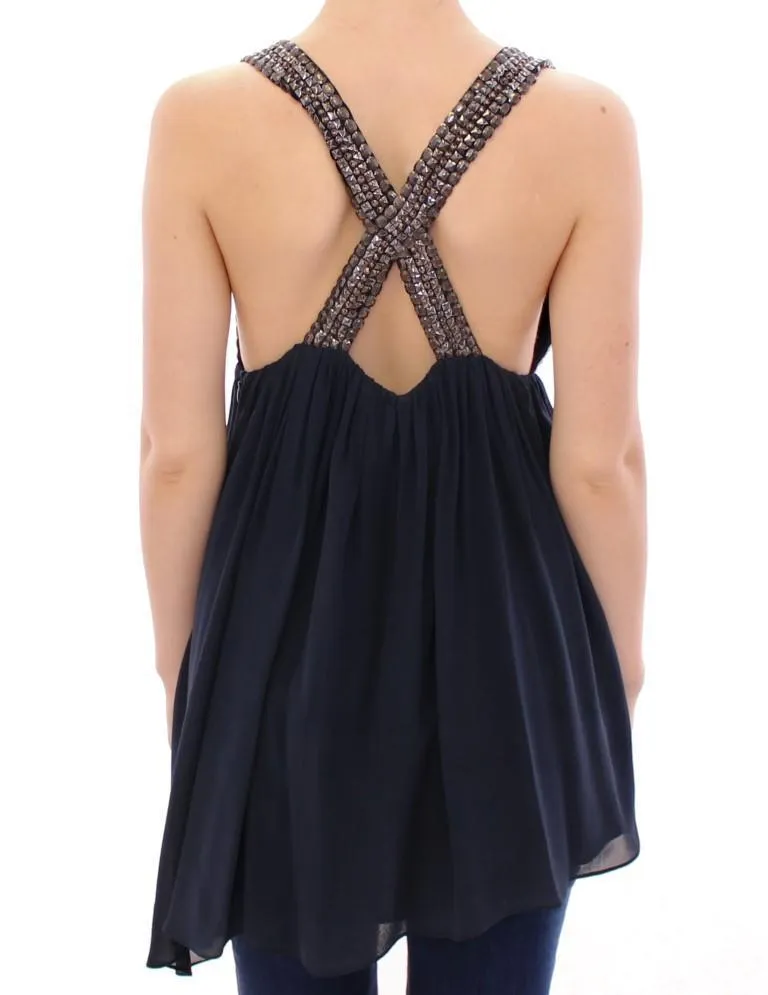 Navy Blue Studs Embellished Top Blouse