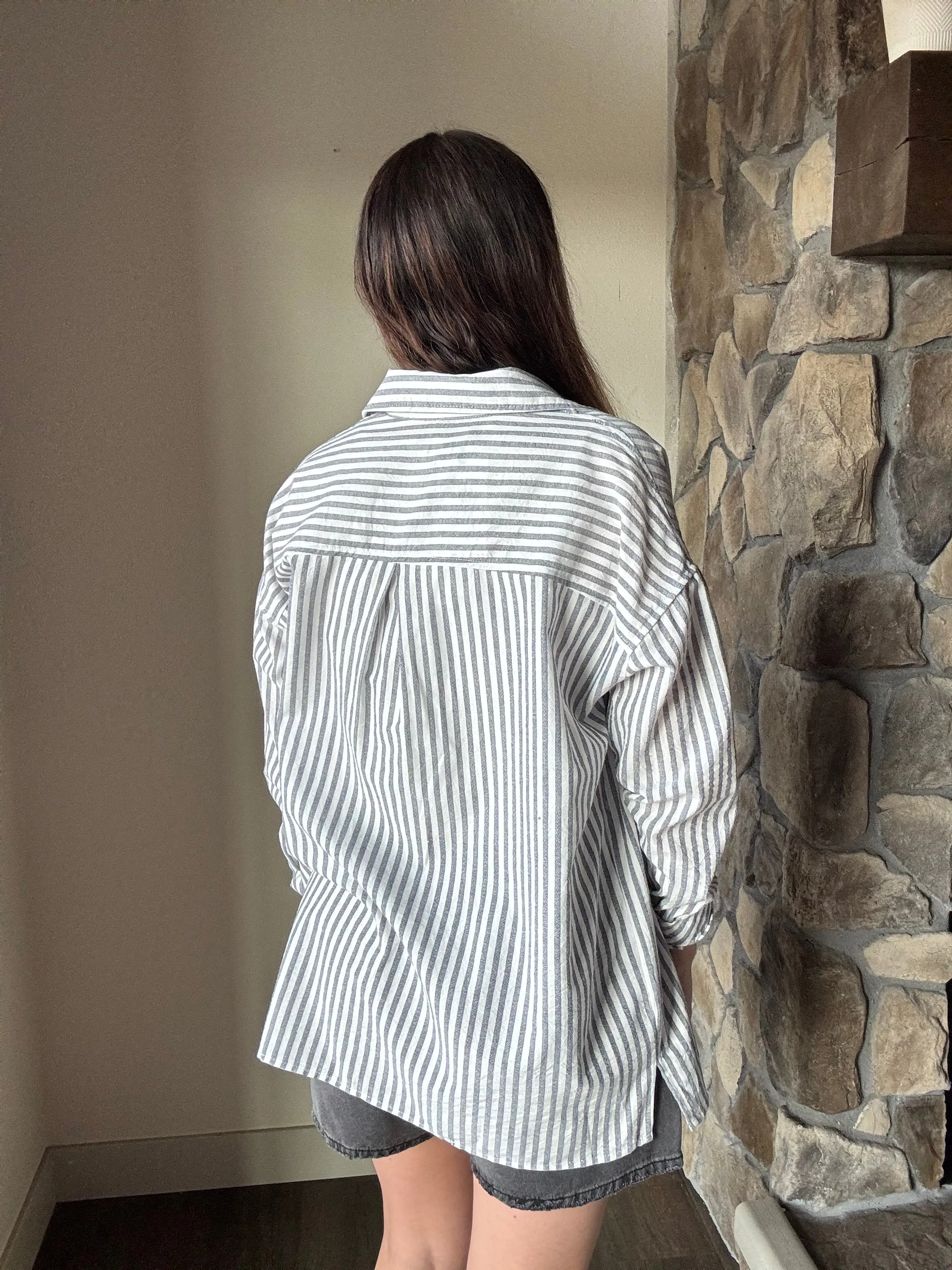 navy  white stripe cotton button down