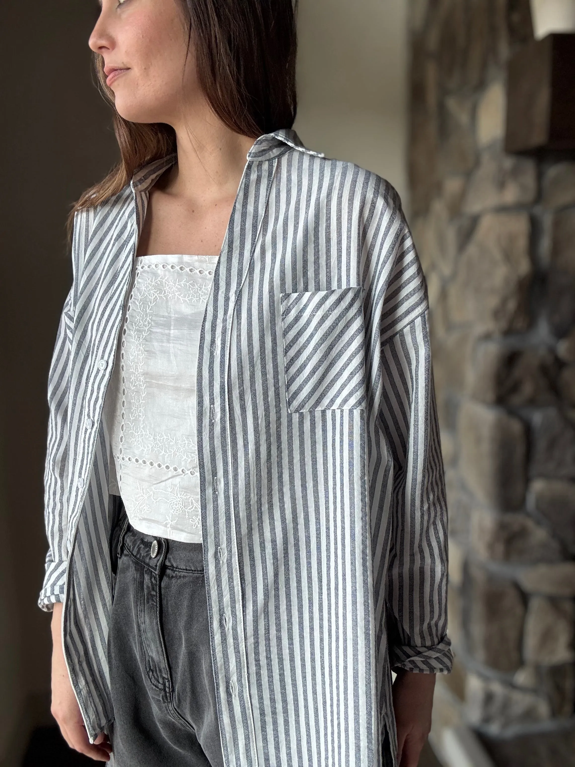 navy  white stripe cotton button down