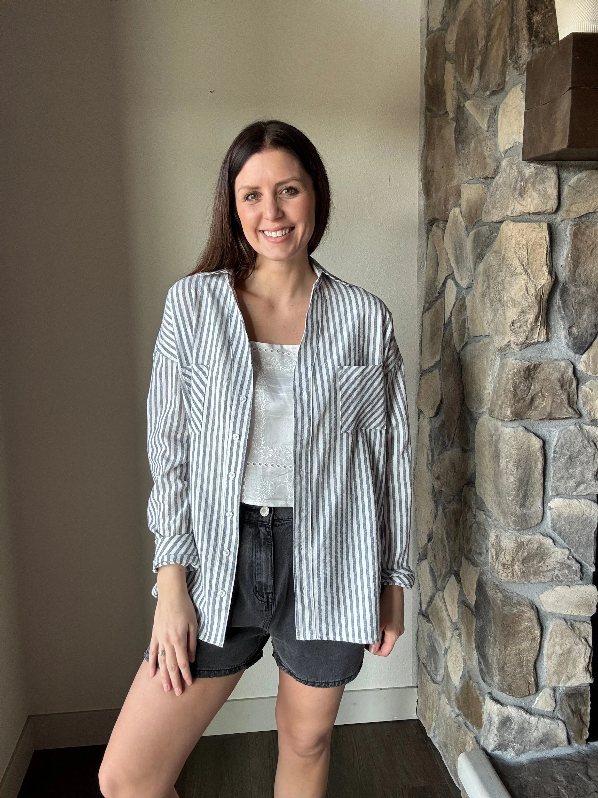 navy  white stripe cotton button down