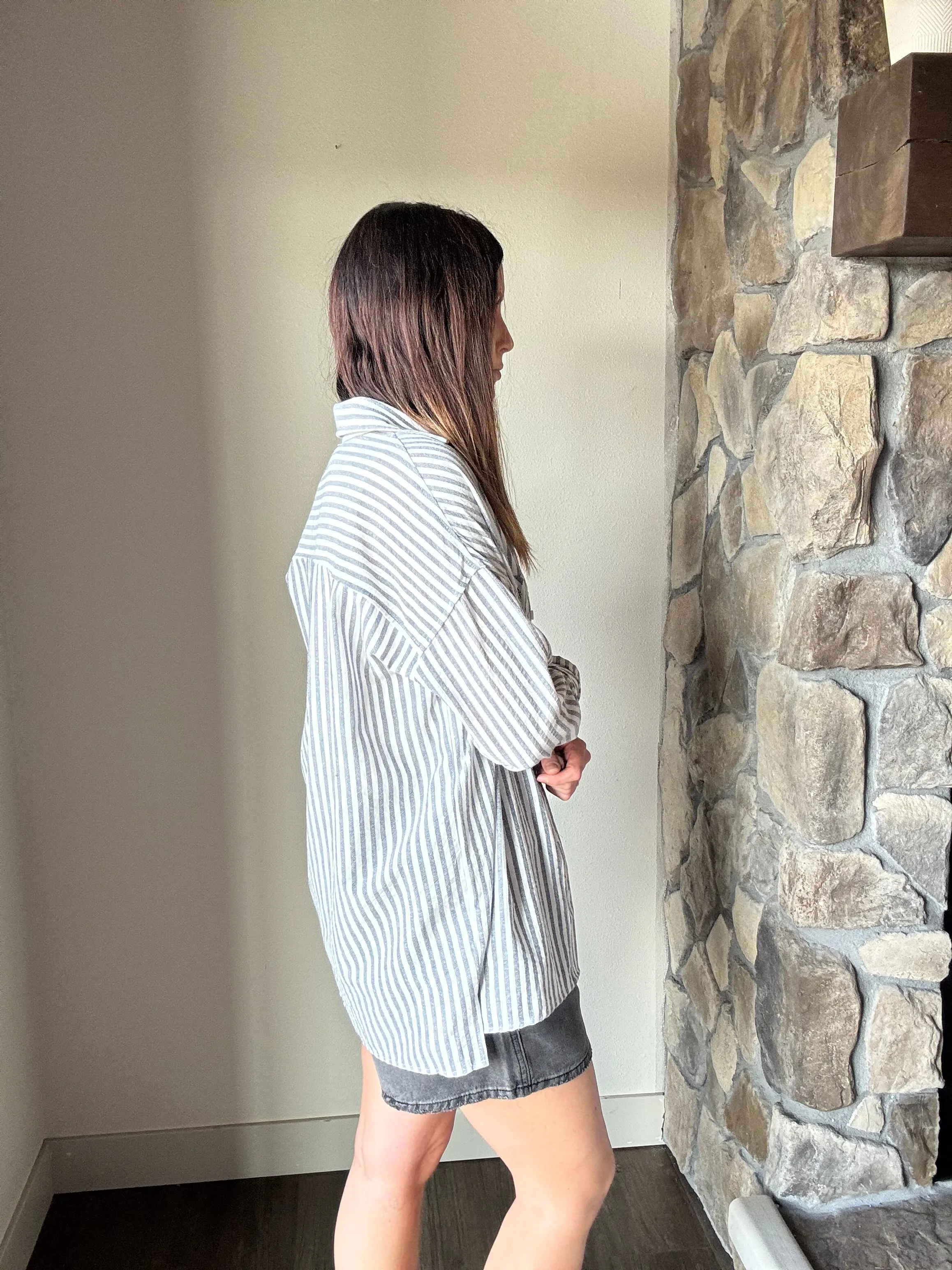 navy  white stripe cotton button down