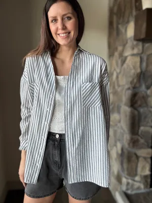 navy  white stripe cotton button down