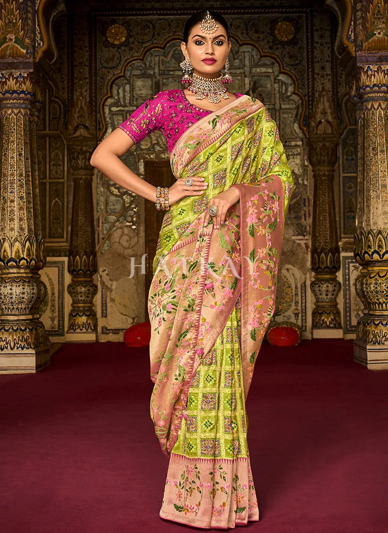 Neon Green And Pink Multi Embroidery Traditional Silk Saree