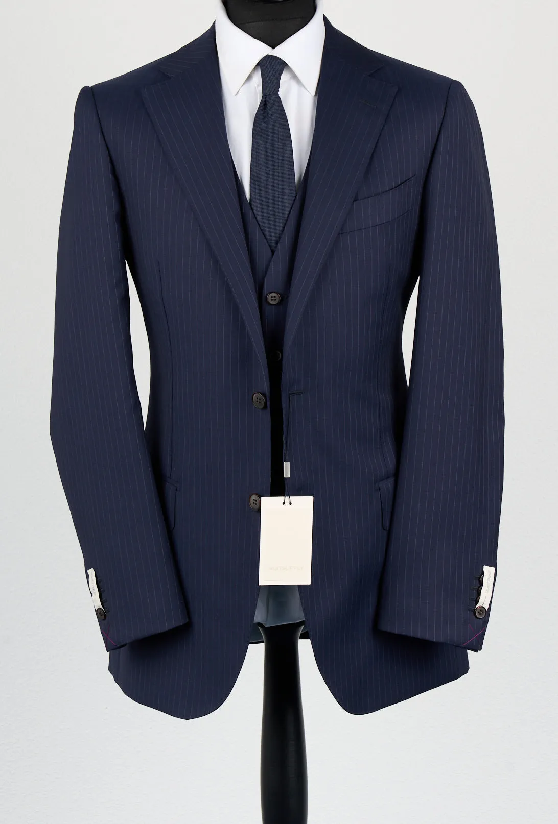 New Suitsupply Lazio Navy Pinstripe Pure Wool Super 110s All Season 3 Piece Suit - Size 38R