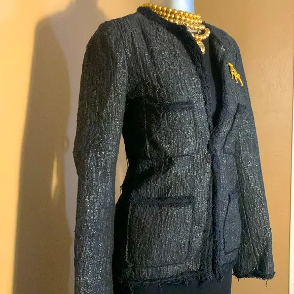 NWOT Zara Woman Black Tweed Jacket/Blazer with Front Fringe.  Sz XS
