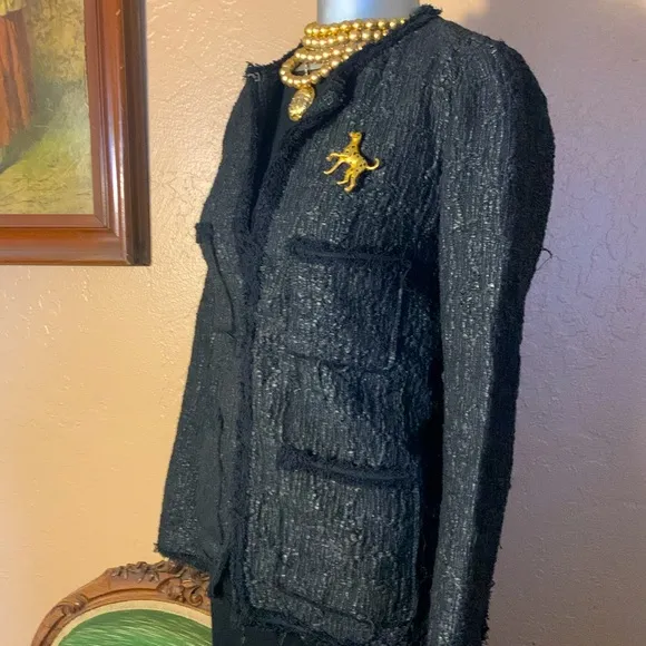 NWOT Zara Woman Black Tweed Jacket/Blazer with Front Fringe.  Sz XS