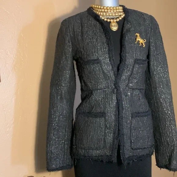 NWOT Zara Woman Black Tweed Jacket/Blazer with Front Fringe.  Sz XS