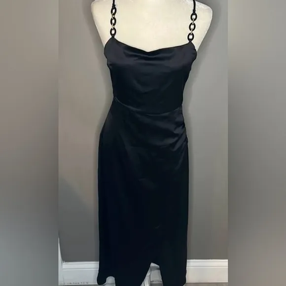 NWT Zara Black Satin Lingerie Style Draped Midi Dress Size S