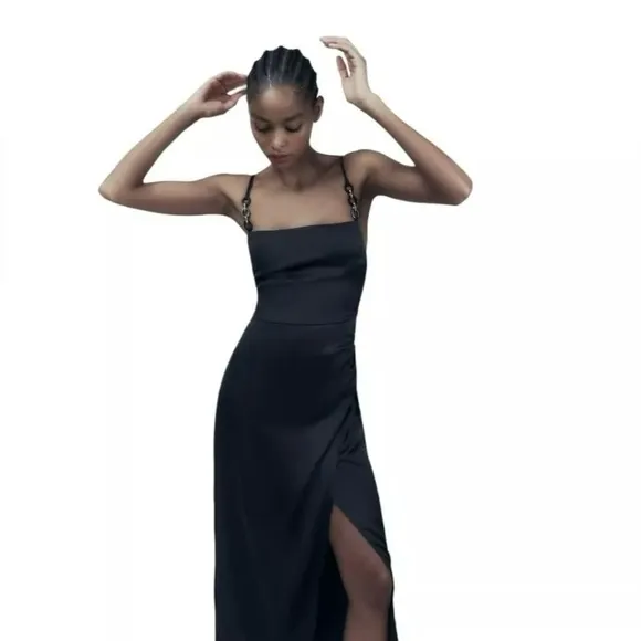 NWT Zara Black Satin Lingerie Style Draped Midi Dress Size S