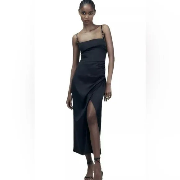 NWT Zara Black Satin Lingerie Style Draped Midi Dress Size S