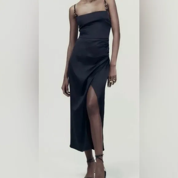 NWT Zara Black Satin Lingerie Style Draped Midi Dress Size S