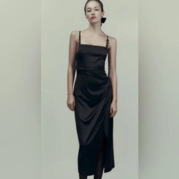 NWT Zara Black Satin Lingerie Style Draped Midi Dress Size S