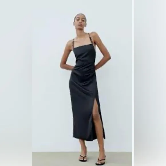 NWT Zara Black Satin Lingerie Style Draped Midi Dress Size S