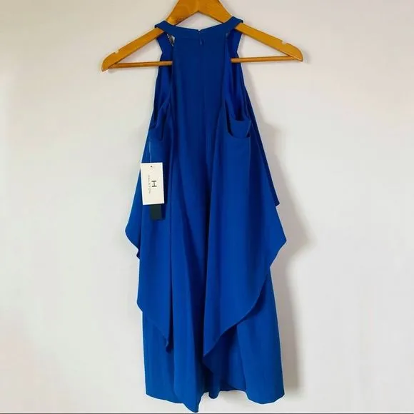 NWT HALSTON Royal Blue Beaded Collared Cold Shoulder Sleeve Draped Mini Dress