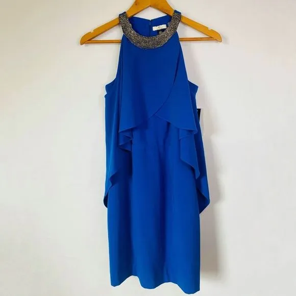 NWT HALSTON Royal Blue Beaded Collared Cold Shoulder Sleeve Draped Mini Dress