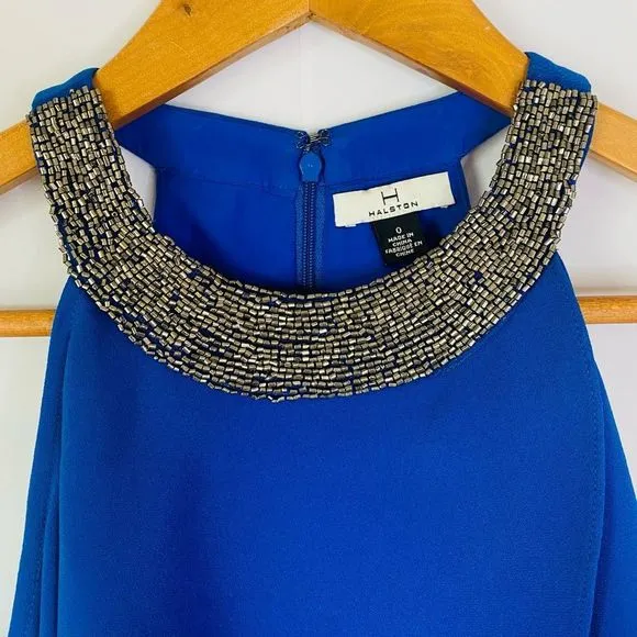 NWT HALSTON Royal Blue Beaded Collared Cold Shoulder Sleeve Draped Mini Dress