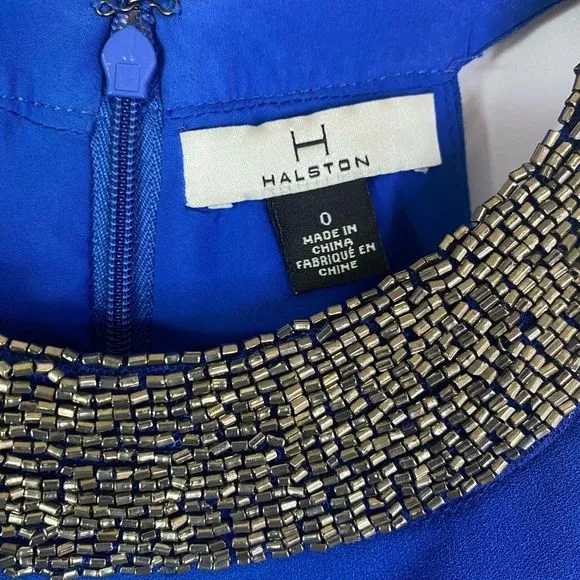 NWT HALSTON Royal Blue Beaded Collared Cold Shoulder Sleeve Draped Mini Dress