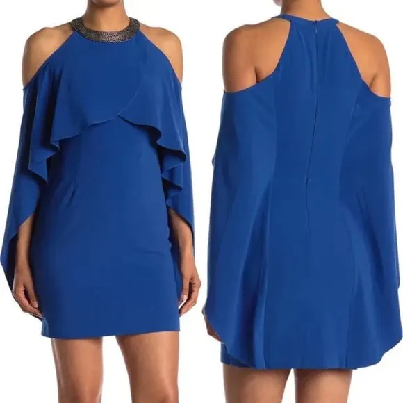 NWT HALSTON Royal Blue Beaded Collared Cold Shoulder Sleeve Draped Mini Dress