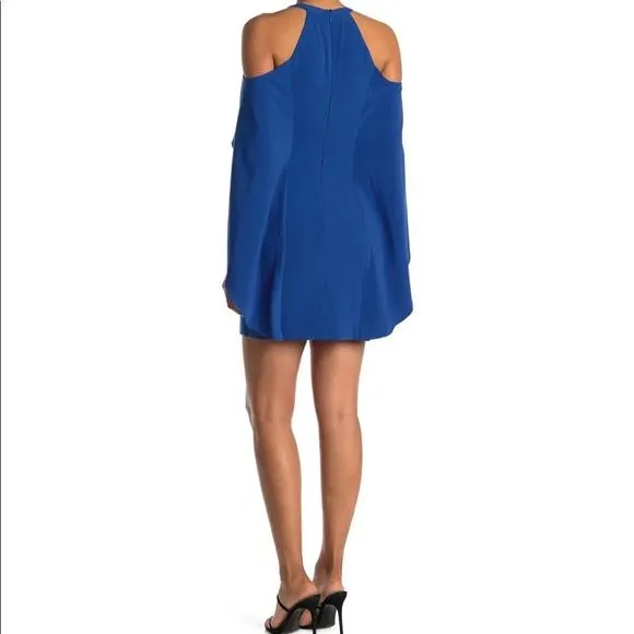 NWT HALSTON Royal Blue Beaded Collared Cold Shoulder Sleeve Draped Mini Dress