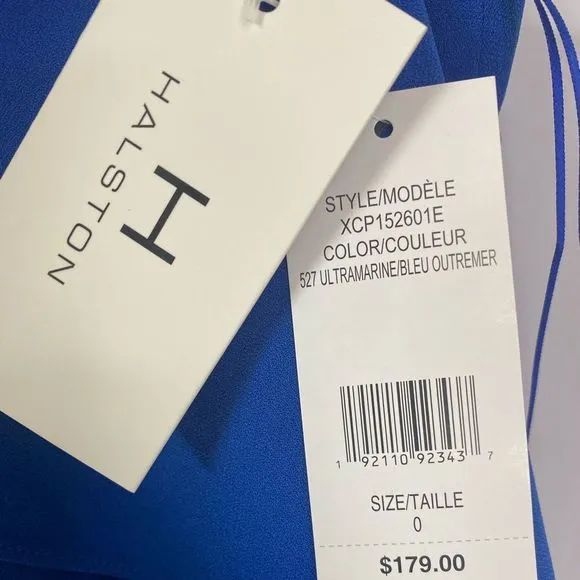 NWT HALSTON Royal Blue Beaded Collared Cold Shoulder Sleeve Draped Mini Dress