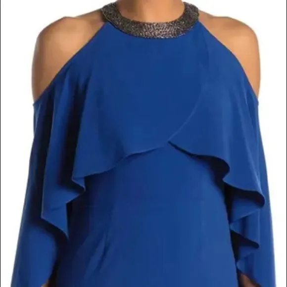 NWT HALSTON Royal Blue Beaded Collared Cold Shoulder Sleeve Draped Mini Dress
