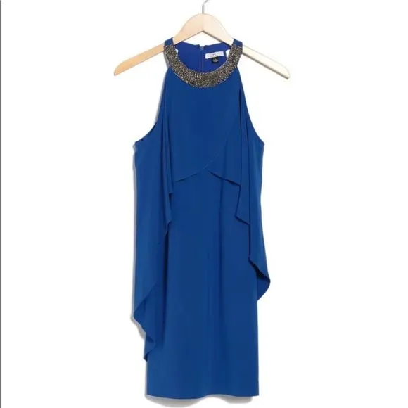 NWT HALSTON Royal Blue Beaded Collared Cold Shoulder Sleeve Draped Mini Dress