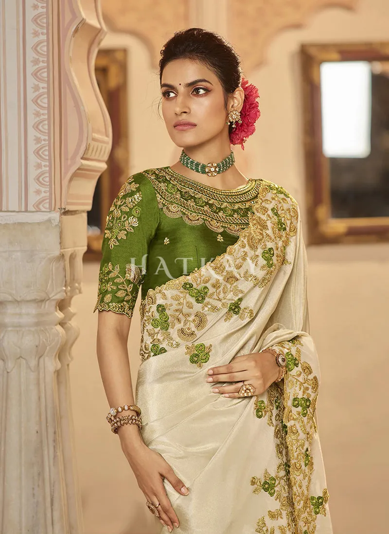 Off White Multi Embroidered Traditional Saree