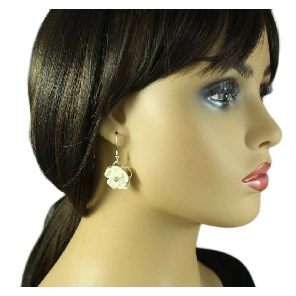 Off White with Silver Flower Dangling Pierced Earring - FE602WT