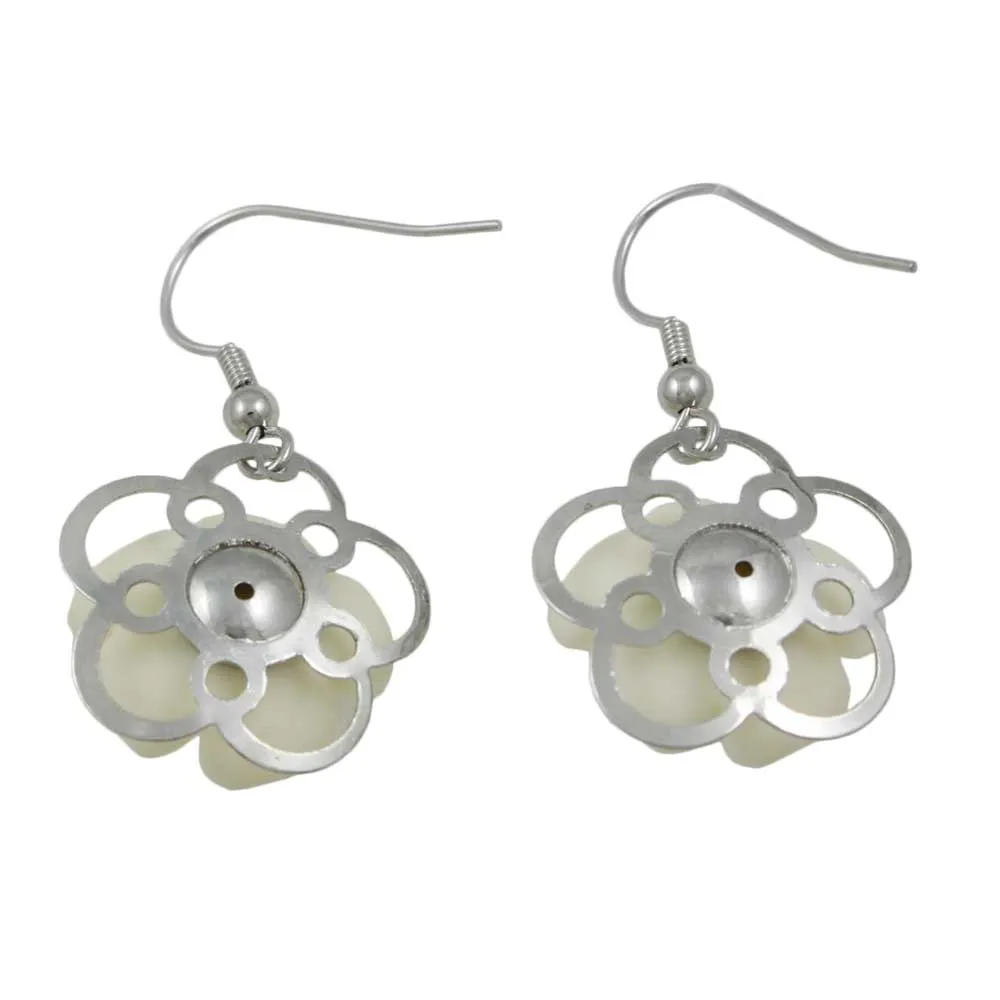 Off White with Silver Flower Dangling Pierced Earring - FE602WT