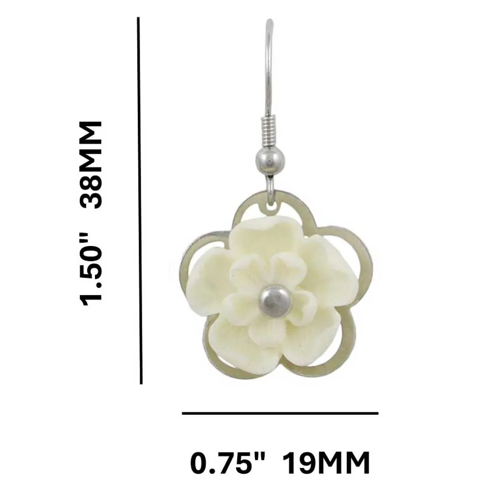 Off White with Silver Flower Dangling Pierced Earring - FE602WT