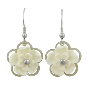Off White with Silver Flower Dangling Pierced Earring - FE602WT