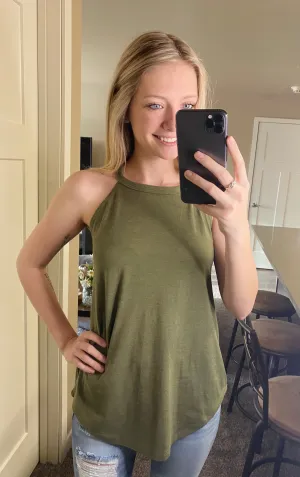 Olive Tank Top with High Neckline and Shirttail Hem with Classic Fit