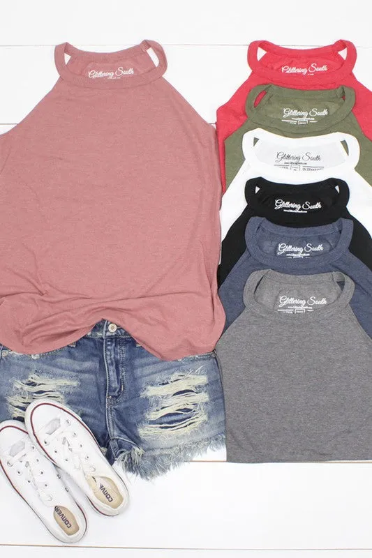 Olive Tank Top with High Neckline and Shirttail Hem with Classic Fit