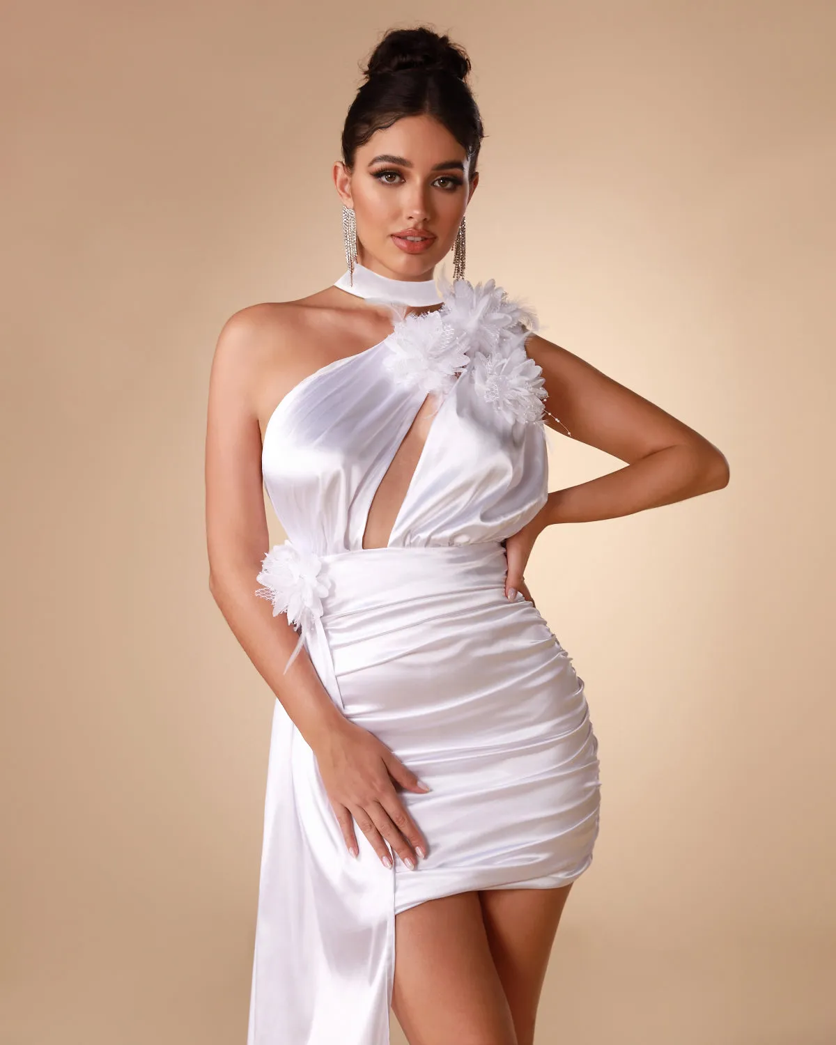 One Shoulder Satin Draped Mini Dress