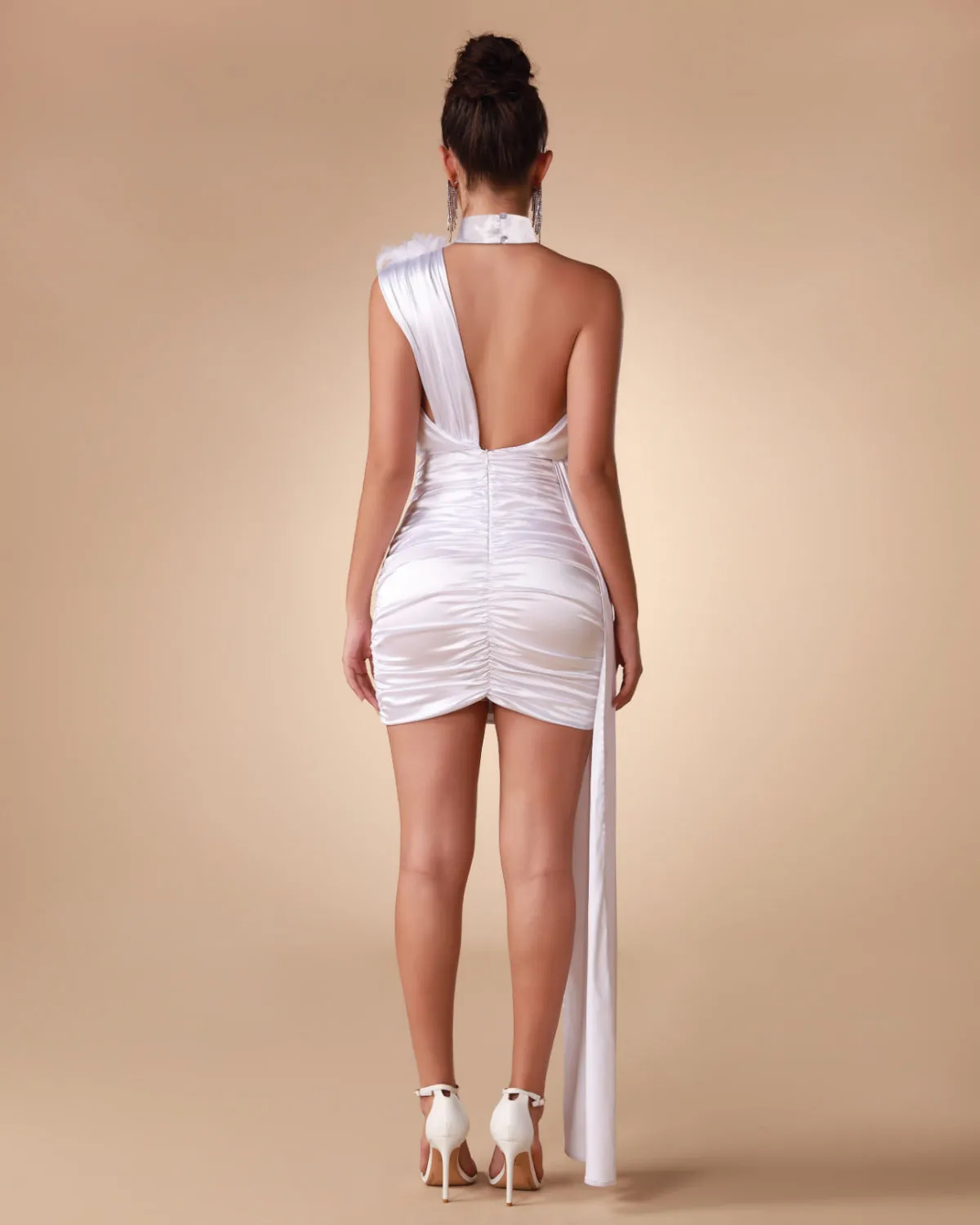One Shoulder Satin Draped Mini Dress