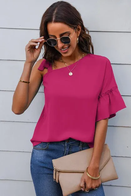 One Shoulder Tie Ruffled Sleeves Top