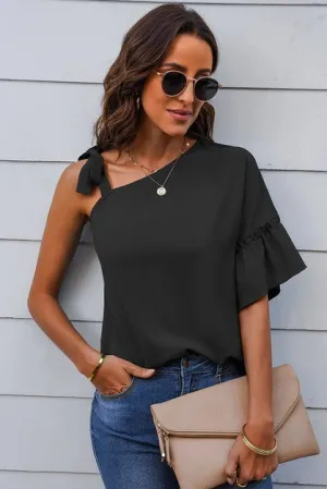 One Shoulder Tie Ruffled Sleeves Top