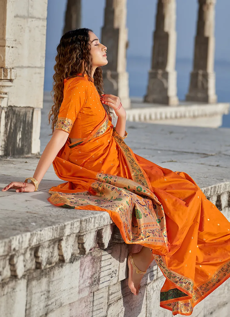 Orange Embellished Banarasi Silk Saree