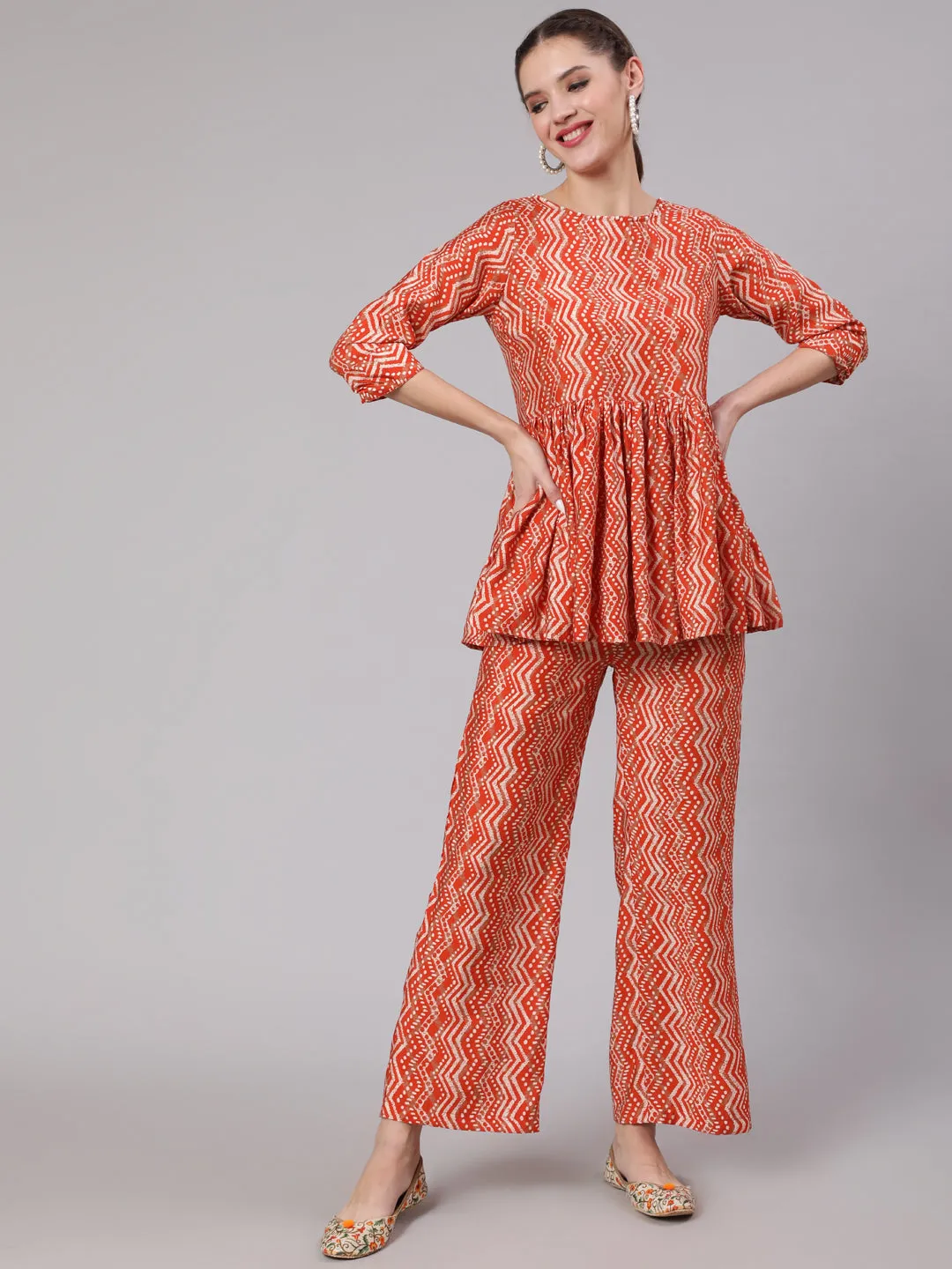 Orange Zigzag Printed Muslin Gathered Top with Printed Palazzo