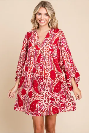 Paisley Print Dress W/V-neck