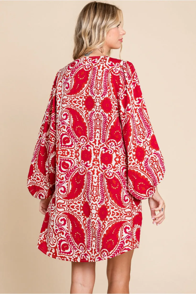 Paisley Print Dress W/V-neck