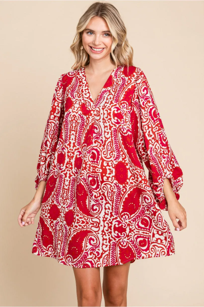 Paisley Print Dress W/V-neck