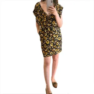 PARKER Black Gold Silk Draped Floral Dress, Small