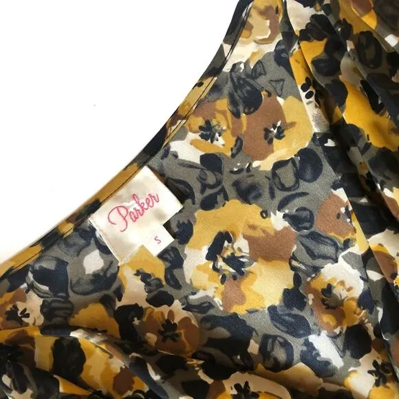 PARKER Black Gold Silk Draped Floral Dress, Small