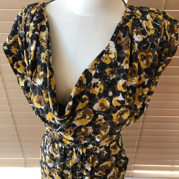 PARKER Black Gold Silk Draped Floral Dress, Small