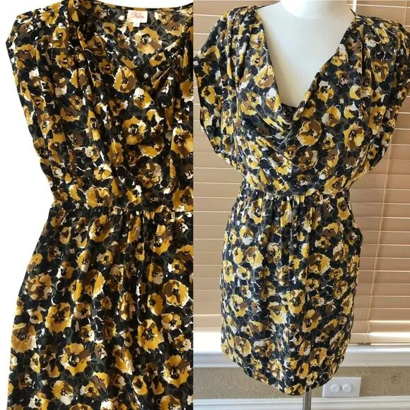 PARKER Black Gold Silk Draped Floral Dress, Small