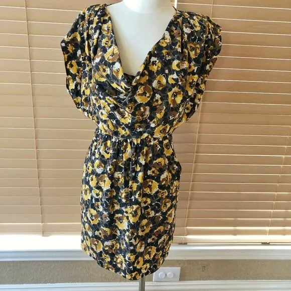 PARKER Black Gold Silk Draped Floral Dress, Small