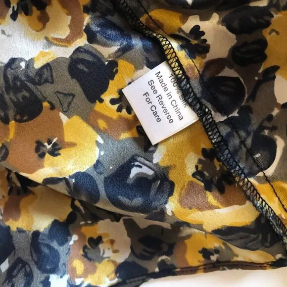 PARKER Black Gold Silk Draped Floral Dress, Small