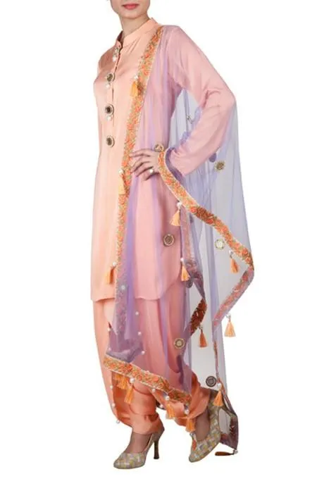 Peach Color Satin Suit With Dhoti Salwar