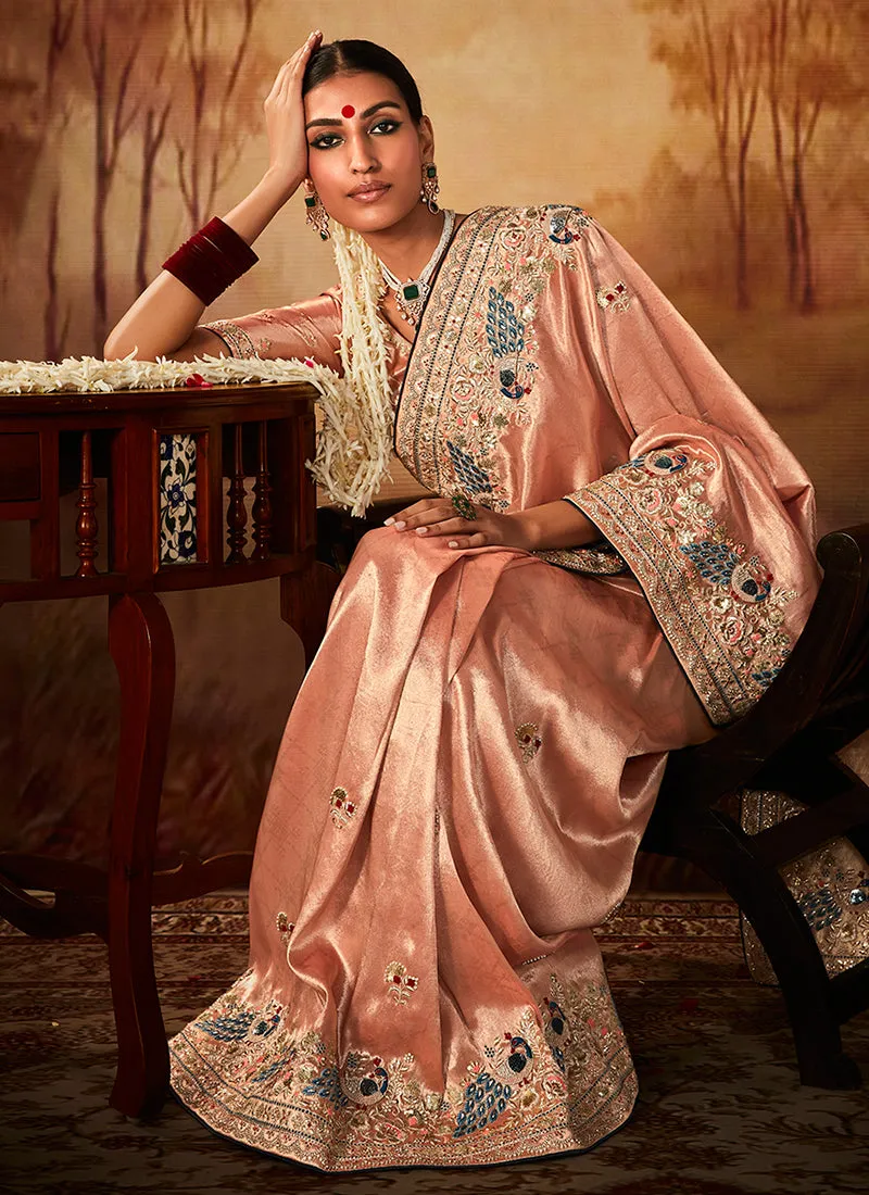Peach Multi Embroidery Banarasi Kanjivaram Silk Saree